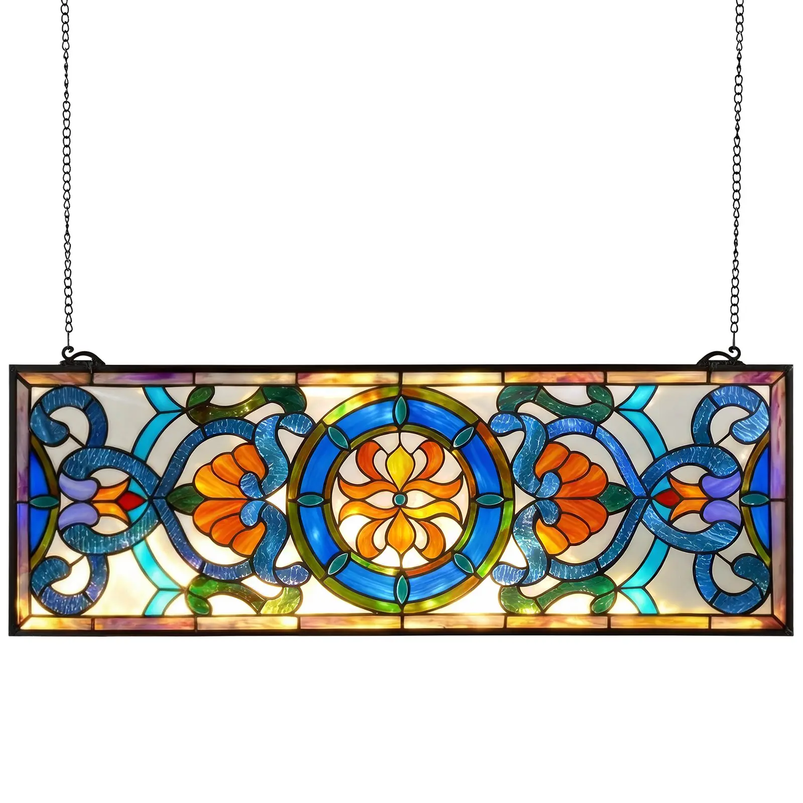 VEVOR Stained Glass Window Panel, 35.1" x 12.9" Tiffany Style Hanging Transom Window Panel with Chain, Large Horizontal Rectangle Stain Glass, Vintage Traditional Art Handcrafts for Kitchen Home Decor
