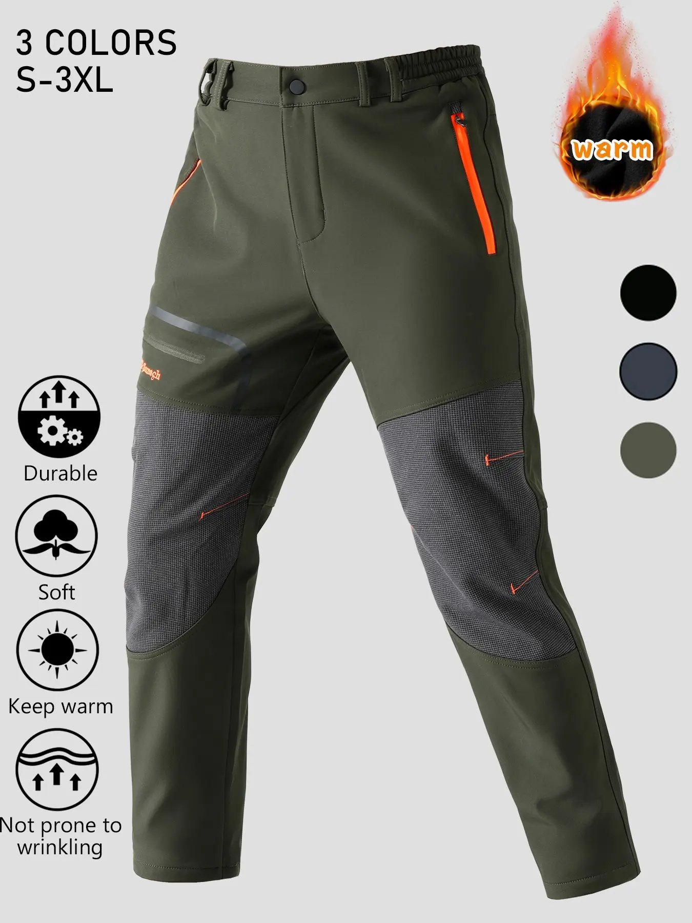 Men's Fleece Lined Winter Outdoor Hiking Pants, Elastic Waist Warm Softshell Straight Trekking Trousers with Reinforced Grid Knee Panels & Zipper Multi Pockets, Stretch Soft Durable Wrinkle Resistant Pants for Mountaineering Camping Fishing Cold Weather