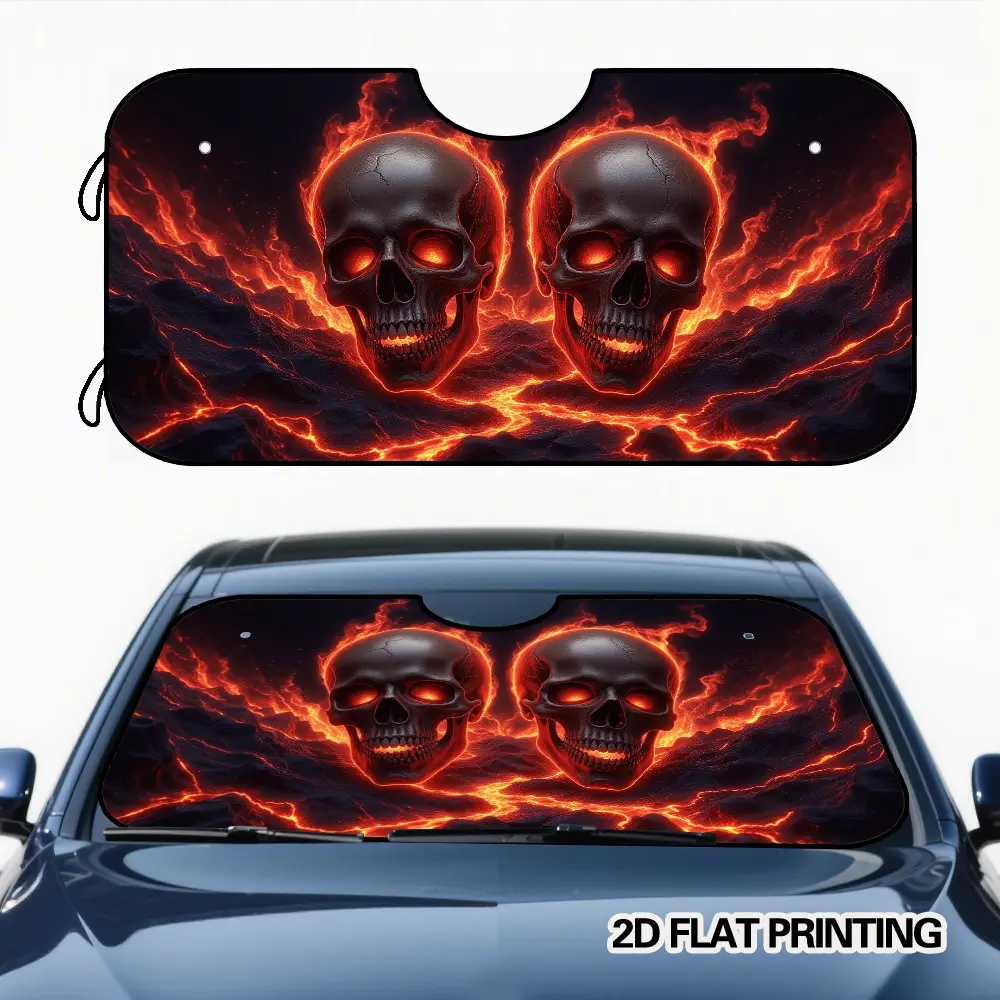 2D Flat Printing, 1pc Skulls with Fiery Flames Design Car Sun Visor for Windshield, Crafted from Durable Polyester, Fits Most Models, Great for Routine Drives And Outdoor Adventures, Sun Cover for Car Windshield, Automotive Windshield Sunshades