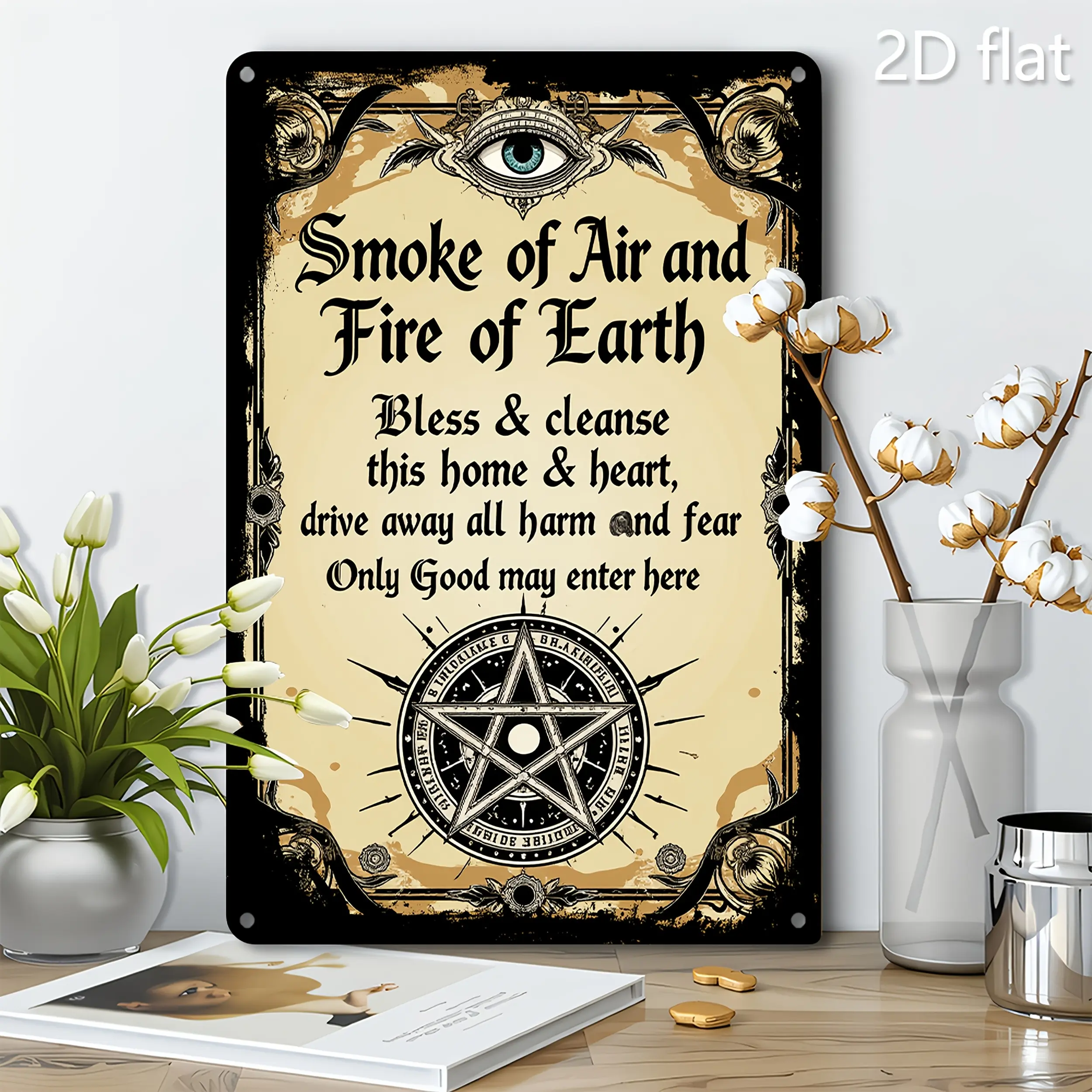 1pc Artistic 2D Flat Metal Wall Art Plaque - 8x12 in Mystical Ancient Symbols Pentagram & Eye Intricate Design, Indoor/Outdoor Hanging Decor Sign for Home, Office