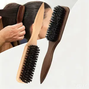 2pcs Set Bristle Slick Back Hair Brush, Wide Rat Tail for Sectioning, Edge Control, Flyaway Management, Natural Wood Handle, Bristles