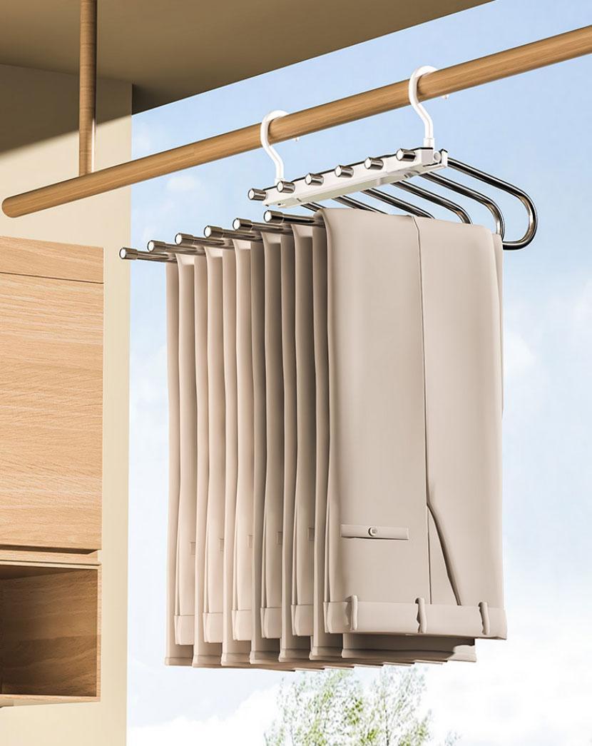 6 Layer Pants Hanger Space Saving Closet Organizer with 65mm Wide Spacing, Anti-Slip Multifunctional Pants Rack for Jeans Trousers Wardrobe