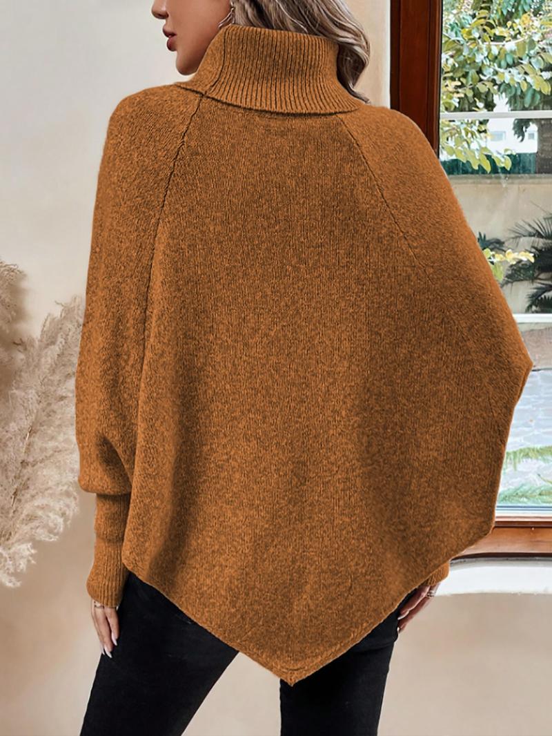 Women's Plain Fake Buttons Batwing Sleeve Sweater, Casual Long Sleeve High Neck Jumper for Fall & Winter, Fashion Ladies' Knitwear for Daily Wear
