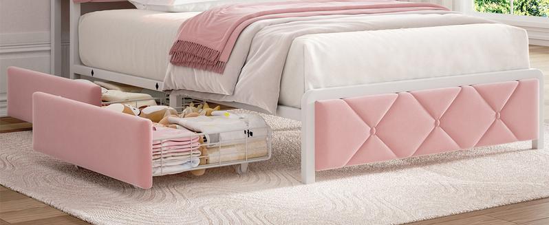 Twin Upholstered LED Bed Frame with 2 Storage Drawers and 2-Tier Storage Bookcase Headboard, Velvet Princess Platform Bed for Kids/Girls/Boys, Heavy Duty Metal Support, No Box Spring Needed, Pink