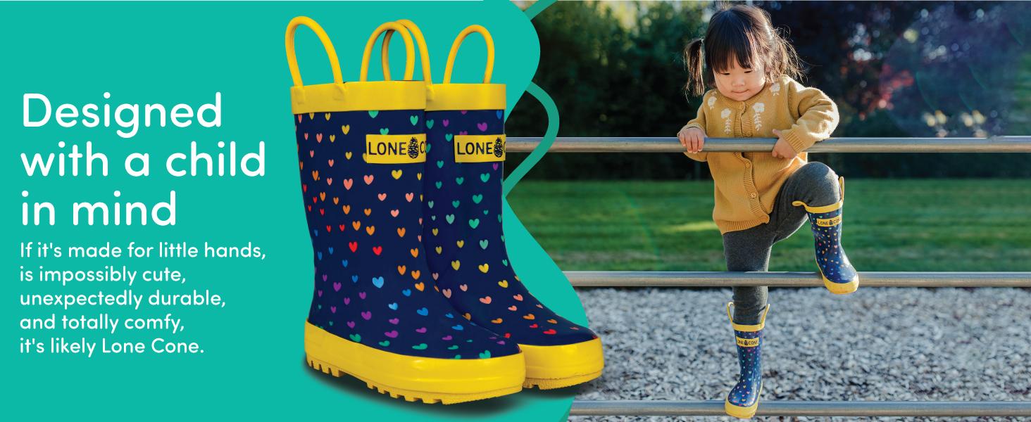 Lone Cone Kids Rain Boots for Girls & Boys – Waterproof Natural Rubber Toddler Rain Boots with Non-Slip Outsole & Easy Pull Handles – Solid, Pattern & Glitter Designs