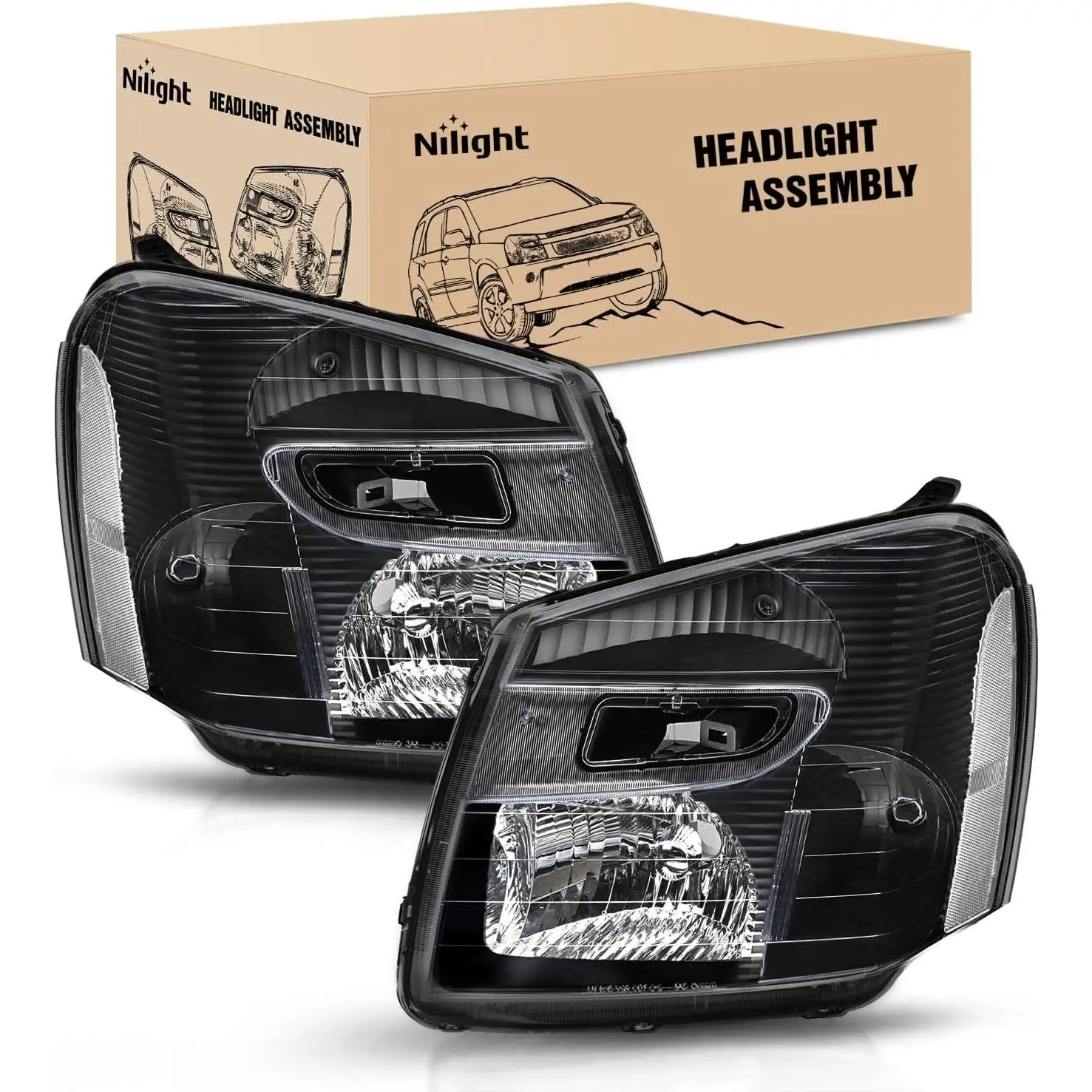 Nilight Headlight Assembly Compatible with 2005 2006 2007 2008 2009 Chevy Equinox SUV OE Style Replacement Headlights Black Housing Clear Reflector Headlamp Passenger and Driver Side