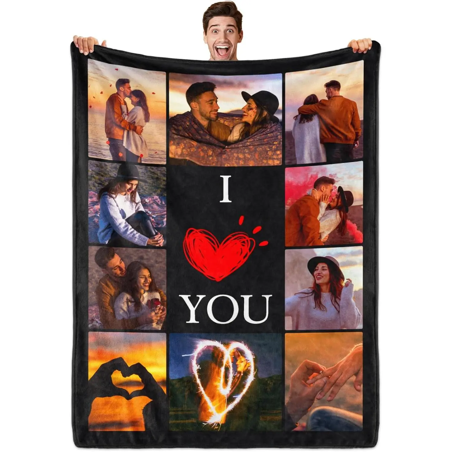 Custom Couple Throw Blanket, 1 Piece Soft Warm Flannel 9 Photo Blanket, I Love You Heart Design, Lightweight Portable Travel Blanket for Car Couch, Personalized Romantic Gift, Keepsake Decor