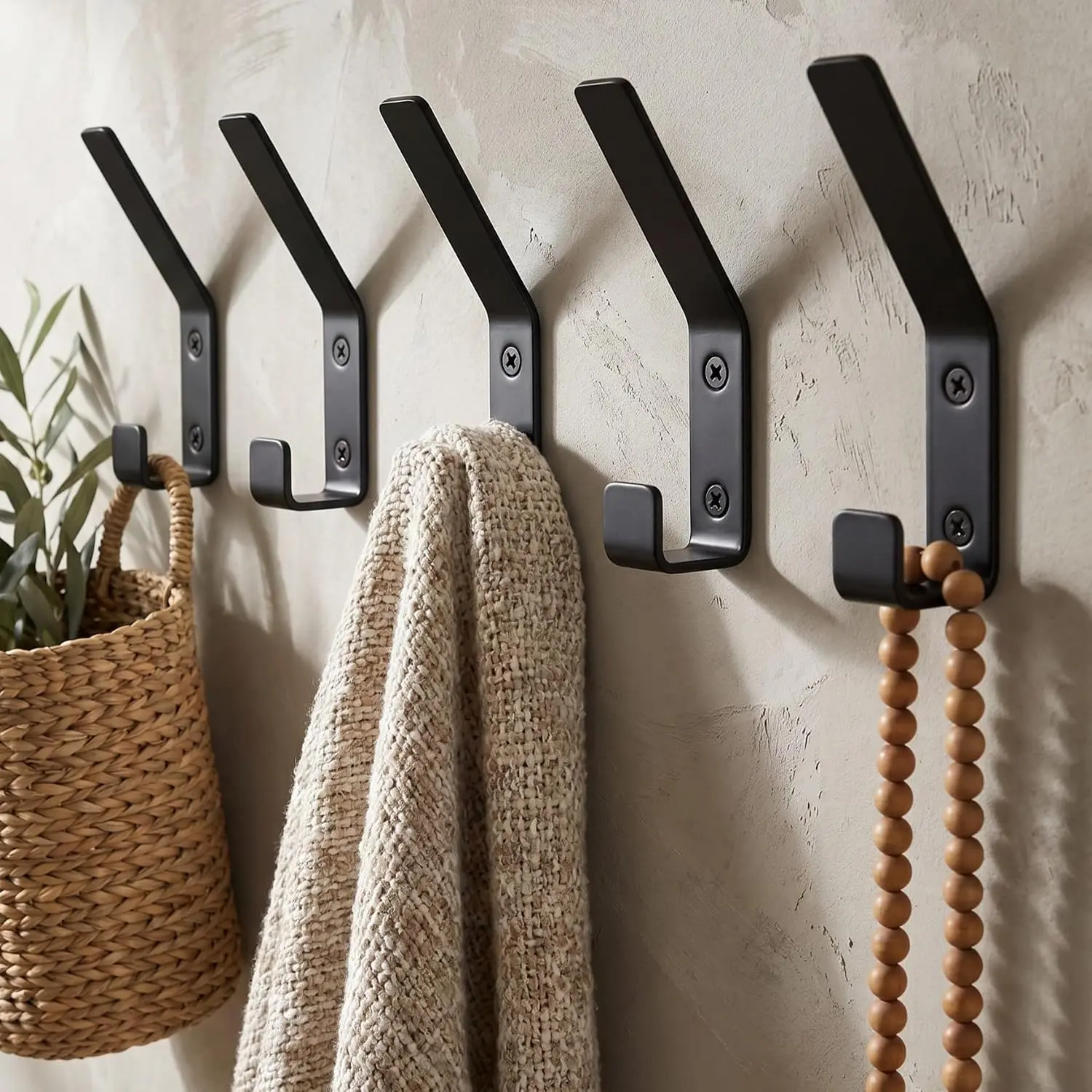 Decorative Coat Hooks For Wall Mount Set of 5 - Stylish and Sturdy Black Metal Double Hooks Are  To Hang Your Jackets, Towels Or Hats - A Modern Addition To Any  or Minimal  Decor