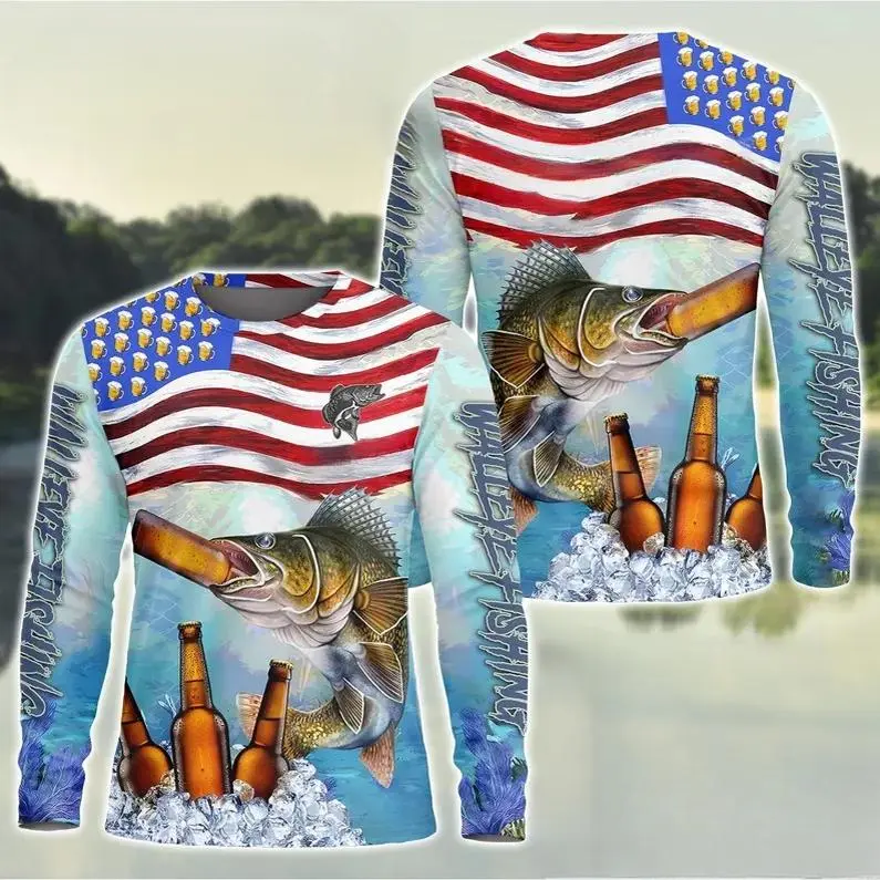 Walleye Fishing American Flag Beer Personalized Men Women Long Sleeve Shirt, Gift For Fishing Lover