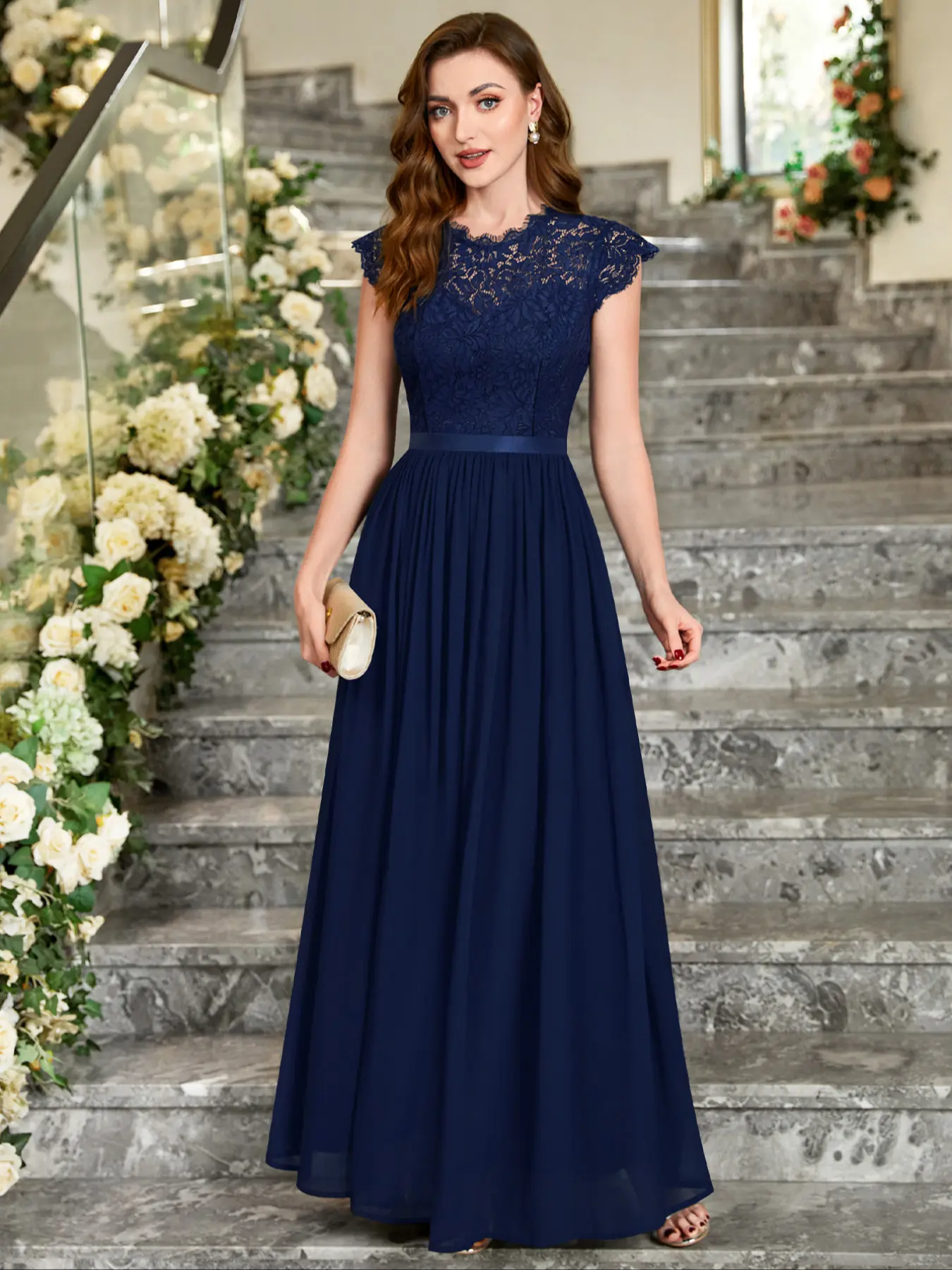 MIUSOL 3790 Floral Lace Bodice Cap Sleeve Chiffon Ribbon Waist Chic Elegant Formal Wear Party Prom Maxi Dress, Perfect for Evening Parties, Wedding Guests, Holidays, Graduations