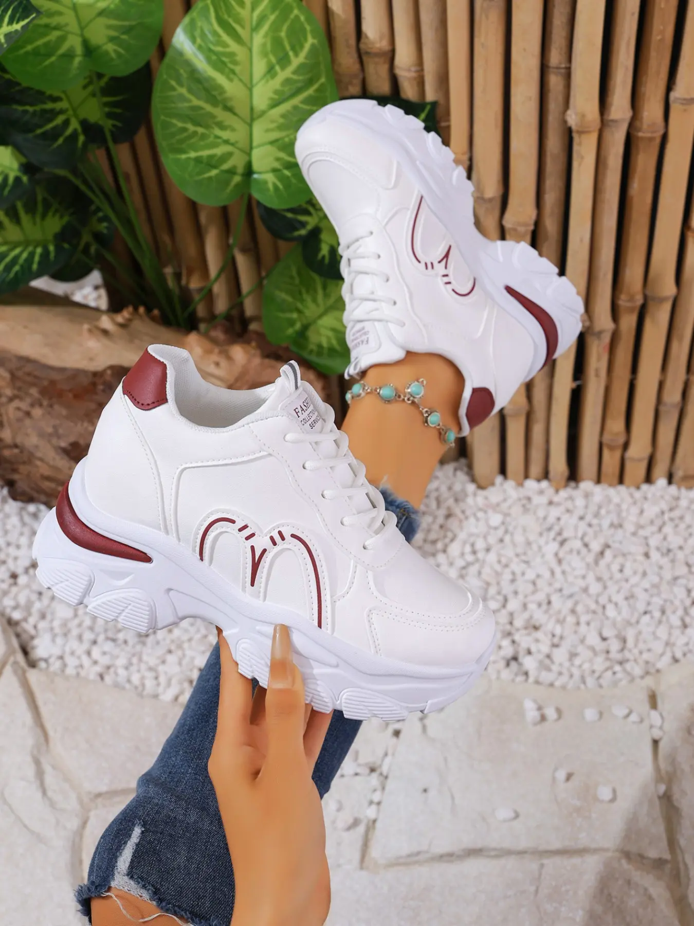 Heartline Smooth PU Lace-Up Hidden Heel Thick Sole Dad Shoes, Full Palm High Elastic Soft Pad, Waterproof Lightweight Casual Sneakers
