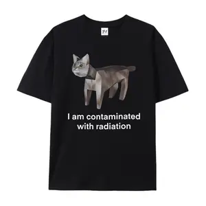 I Am Contaminated With Radiation" Low Poly Cat Graphic Cotton T-Shirt, Funny Meme Comfort Tee, Retro Game Fashion Outfit, Oversized Casual Shirt, Birthday & Humorous Gift For Gamers