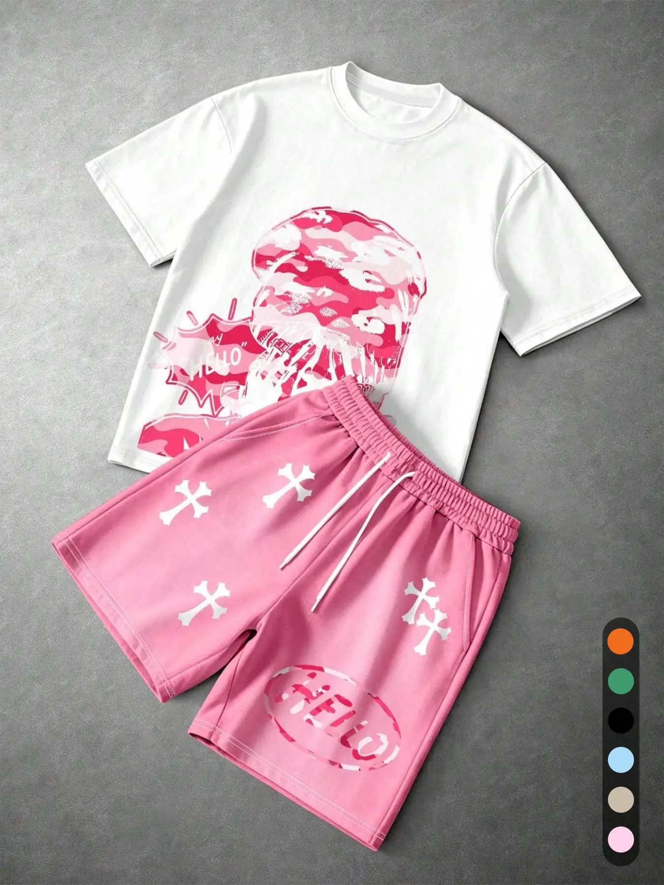 Camo Skull Cross Short Sleeve Shorts Set, Round Neck Tee, Gradient Print, Street Style, Casual Wear, Sporty, Home, Streetwear
