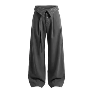 Men's Avant-Garde High-Waisted Pinstripe Wide Leg Trousers Fold-Over Embroidered Waist Pleated Baggy Dress Pants Y2K Streetwear Casual Draped Straight Fit Flowy Slacks