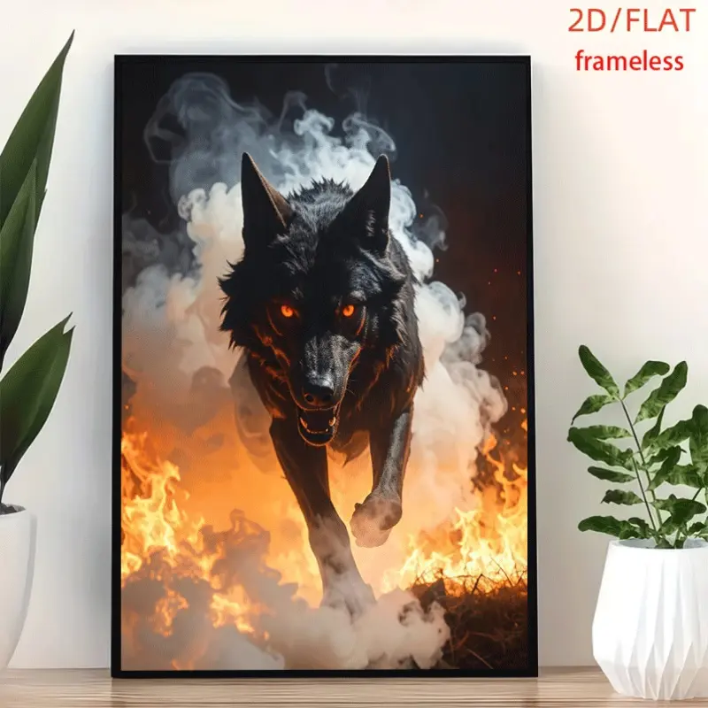 frameless Blazing Black Wolf Art Decor Print Poster, Wall Art for Living Room, Bedroom, Office, Dining Room & Bar, Perfect Gift & Home Decor, 12in x 16in