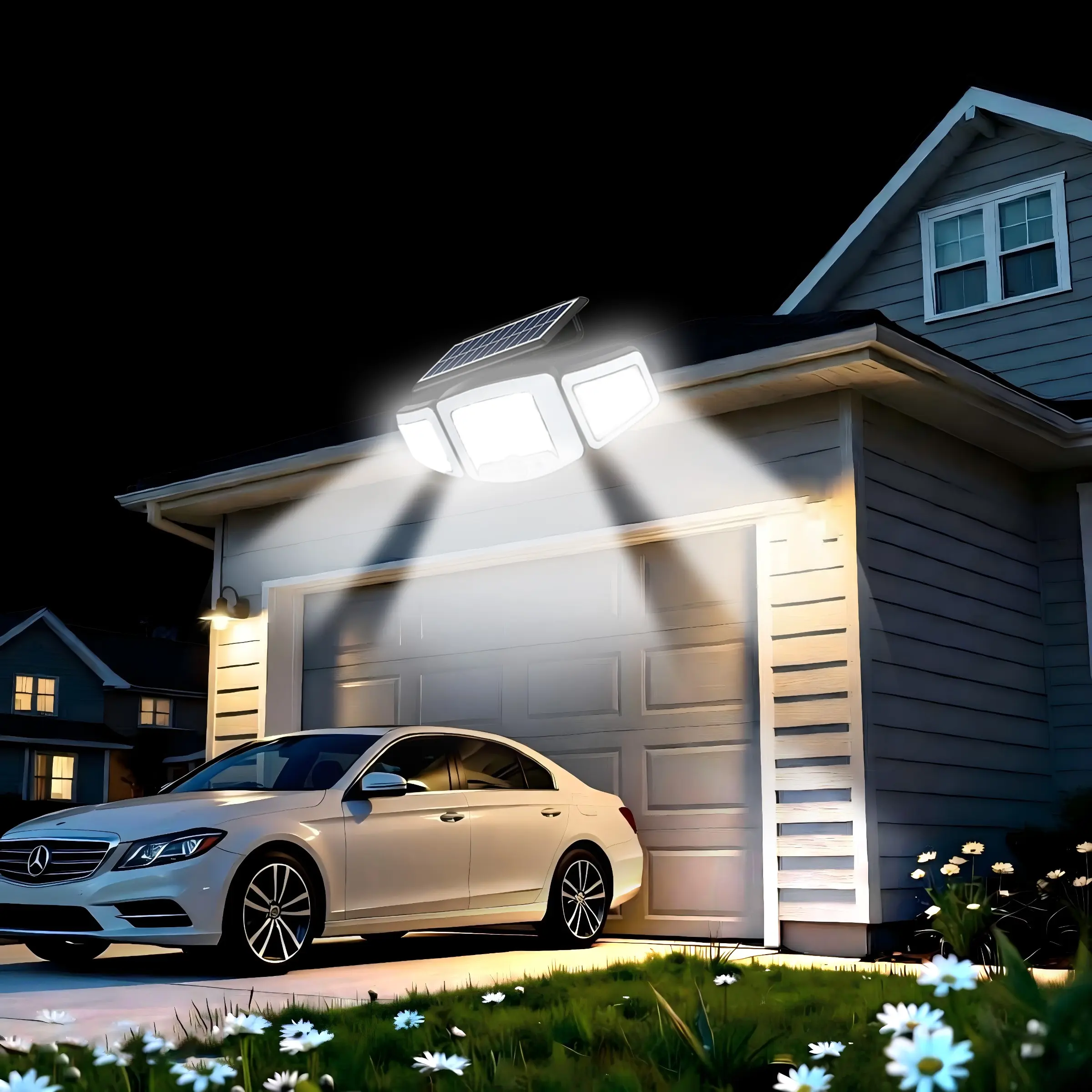 231LED Ultra-bright outdoor solar light, Courtyard Lighting, Outdoor Street Light, Gate Lighting, 3 Heads with 350 Degrees Adjustable Angle, with Human Motion Sensing, Suitable for Gardens, Courtyards, Terraces, Balconies, Fences, Paths, Decks