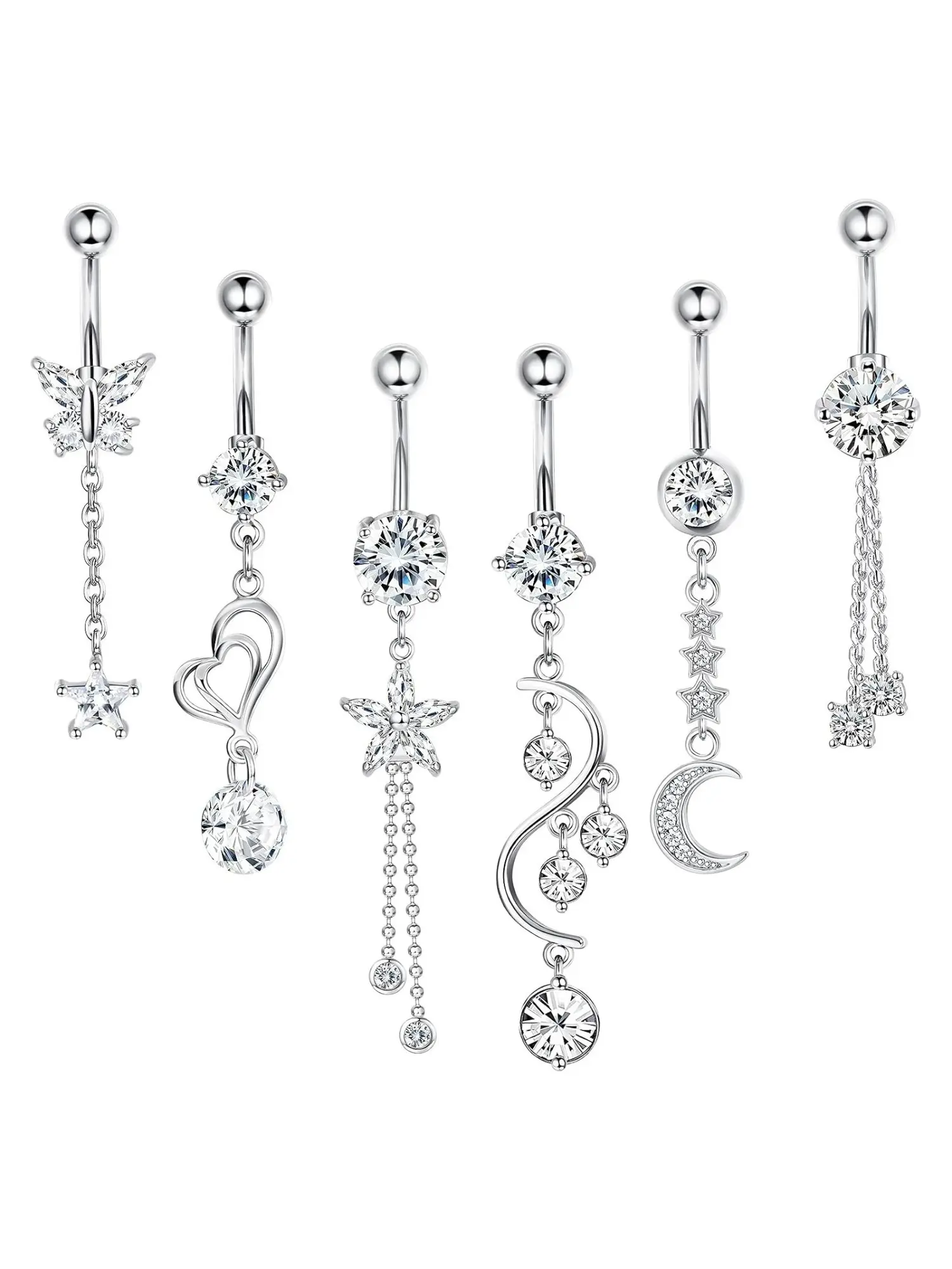 6 Pcs Luxury CZ Dangle Belly Button Piercing Jewelry Stainless Steel Navel Rings for Women Butterfly Star Hollow Heart Star Tassel Moon Curve Star Moon Chain Pendant Styles Bright Zirconia Inlay Delicate Chain Tassels Belly Piercing Ornaments
