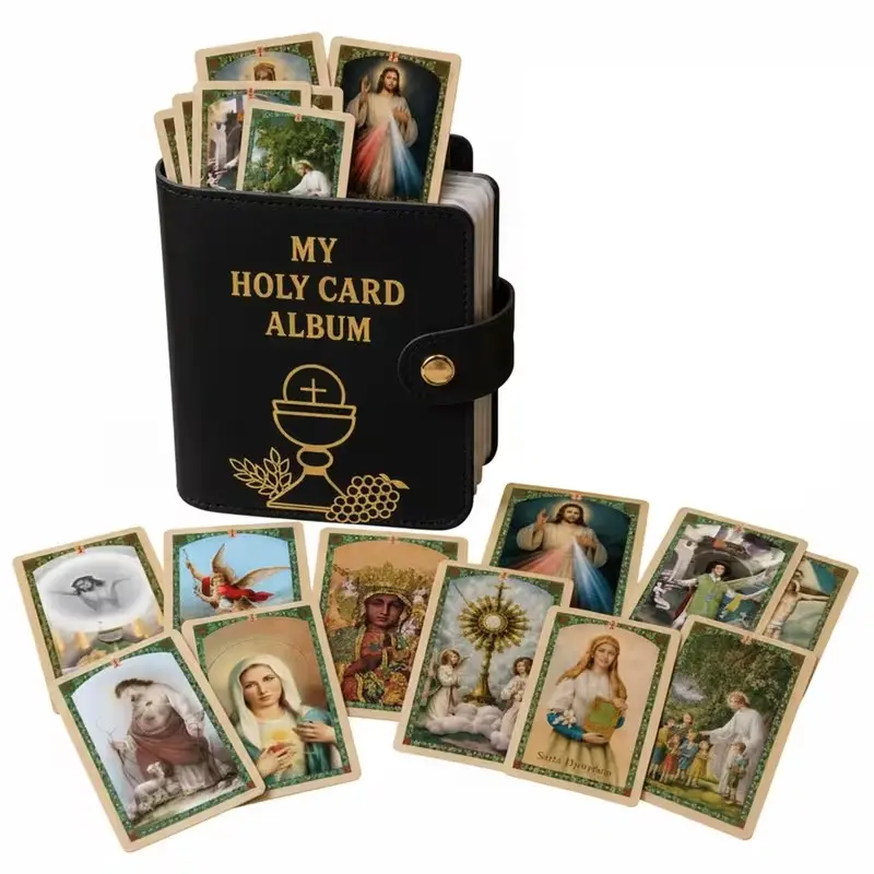 Leather Embossed Holy Card Album with Button, Portable Catholic Devotional Prayer Card Storage, Religious Keepsake Organizer, Christian Gift