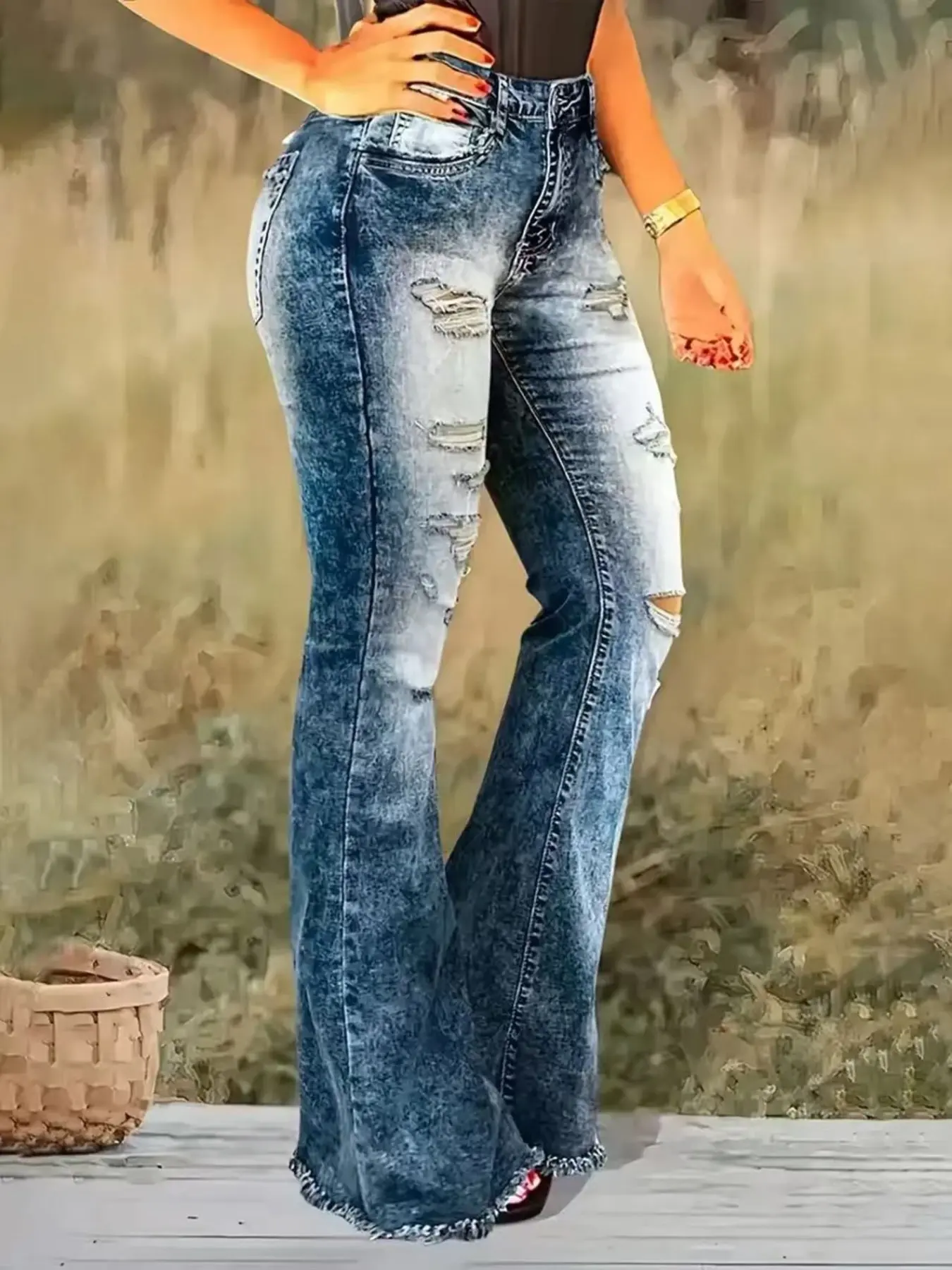 American Vintage Blue Micro Flare Jeans, High Elastic Snowflake Denim, Slim Fit, Ripped Details, All Season Wear Women