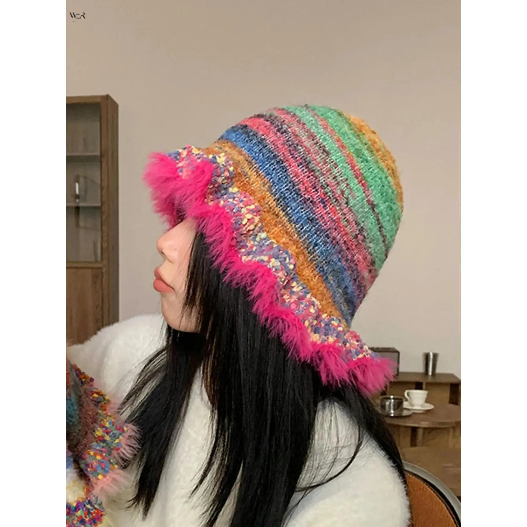Frayed Rainbow Striped Knit Bucket Hat One Size 28*23cm 50g, Soft Fuzzy Color Gradient Fisherman Cap, Distressed Brim Casual Sun Hat for Vacation Street Daily Wear
