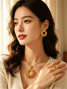 4-Piece Vintage Hollow Out Flower Necklace Earrings Ring Set, Middle Eastern Trendy Jewelry, Complete Accessory Kit