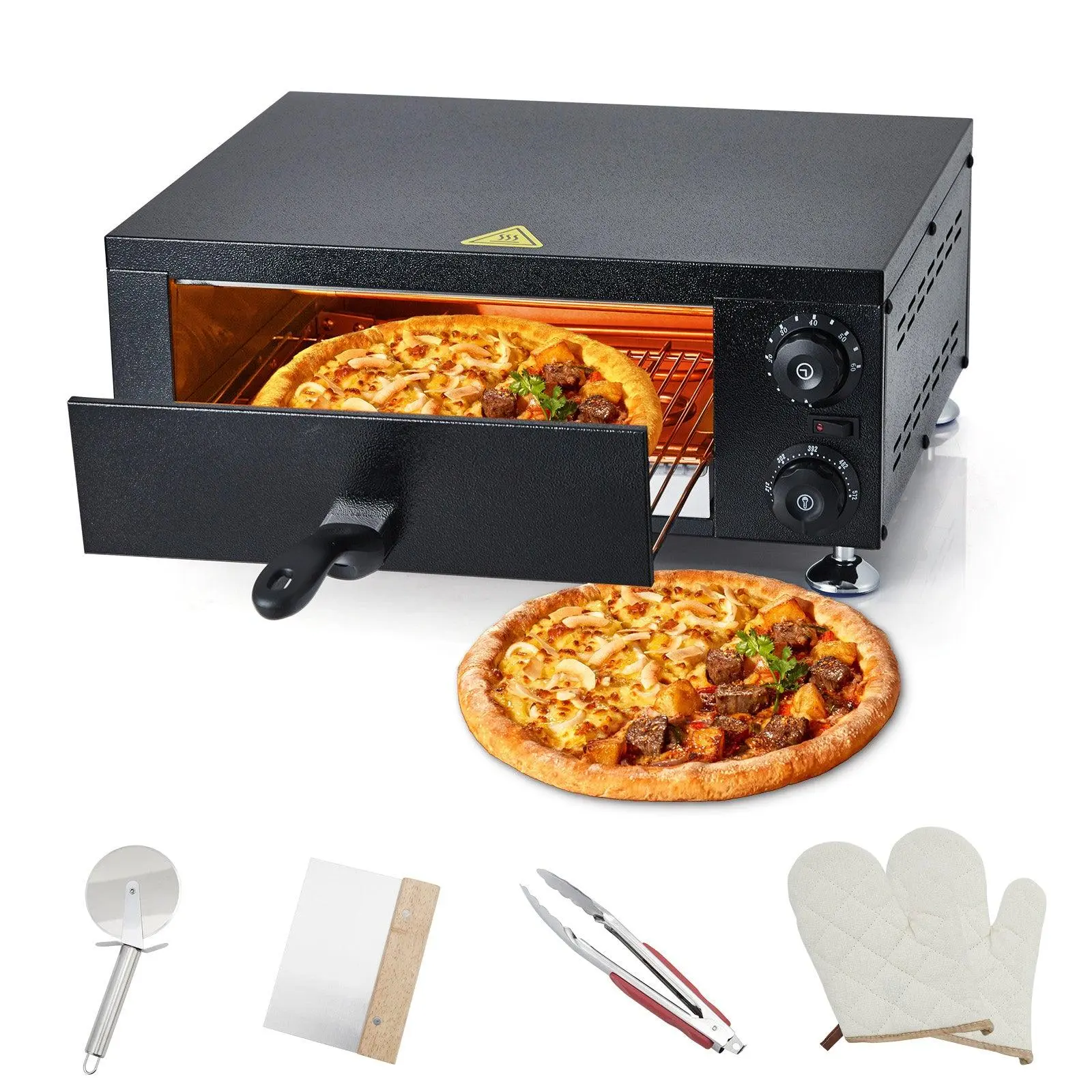 GARVEEElectric Pizza Oven, Countertop 12 Inch Pizza Maker with Timer and Adjustable Temperature, Stainless Steel Indoor Pizza Oven with Upper and Lower Uniform Heating Tubes