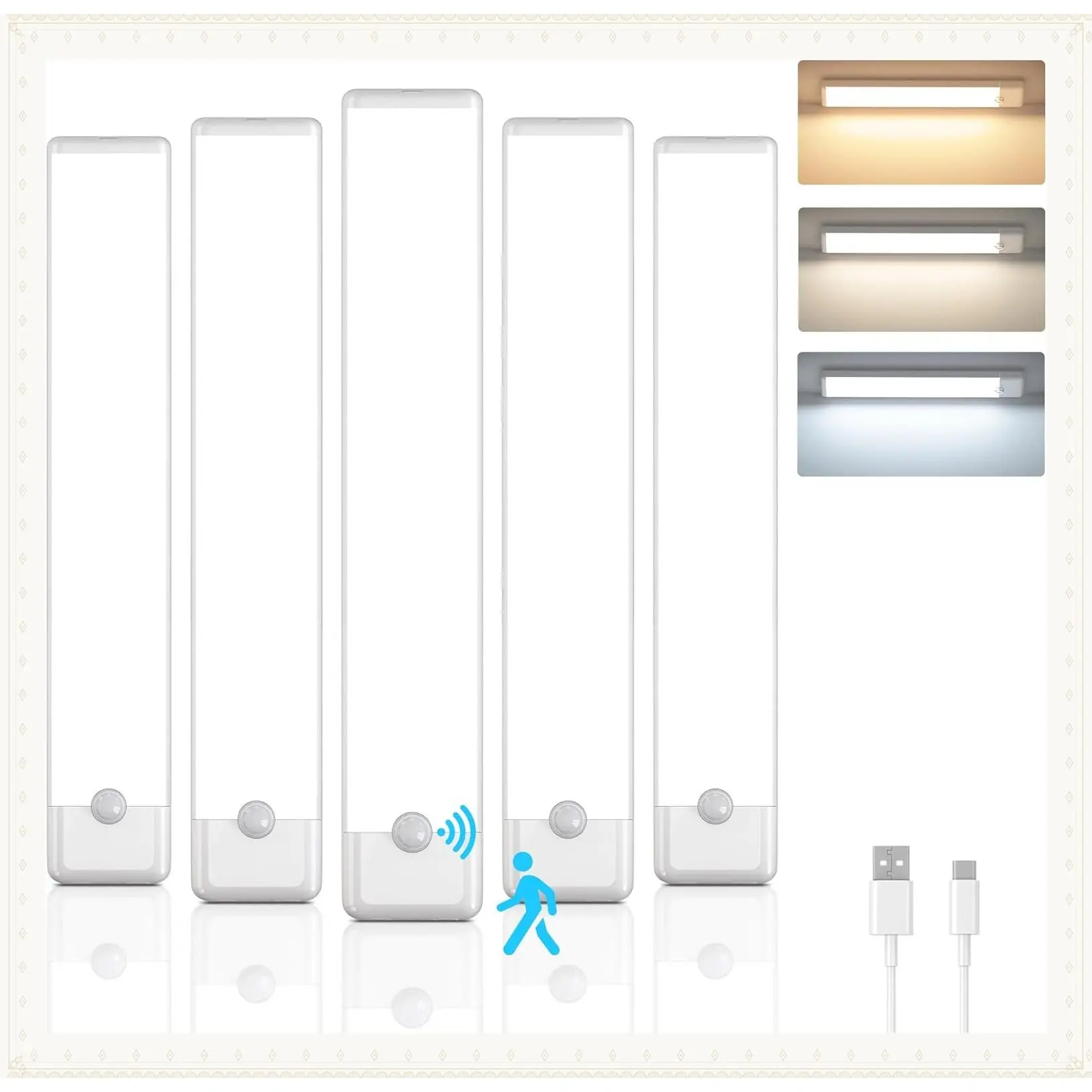 5-Pack Motion Sensor Under Cabinet Light, 7.9 inch, 3 Color Temperatures, Dimmable, Rechargeable, Magnetic, Wireless for Closet and CounterGift