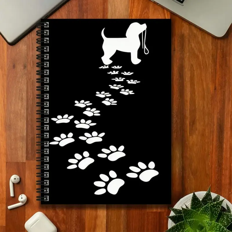 A simple black and white spiral notebook with a dog pattern, featuring a cute puppy and paw prints on the cover, cute and unique. Suitable for various scenarios such as work records, study notes, daily plans, etc. Whether as a graduation gift, birthday pr