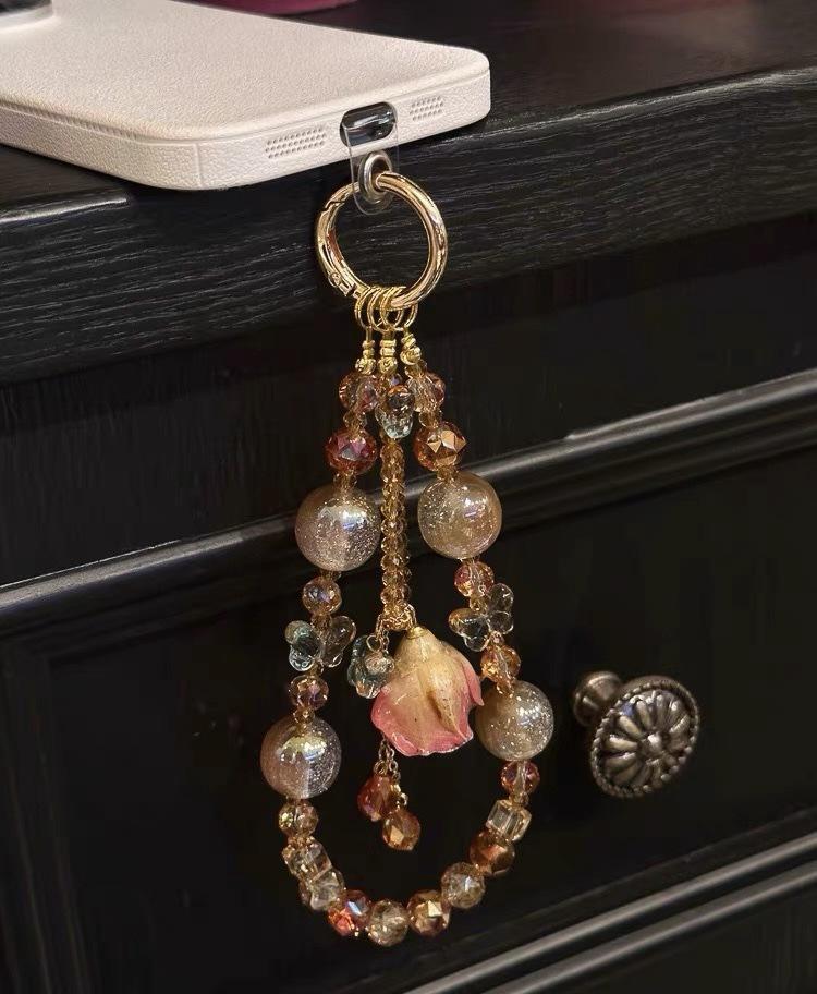 Elegant crystal orange-red glass beaded rose flower phone chain for women, keychain, phone pendant, anti-loss popular item