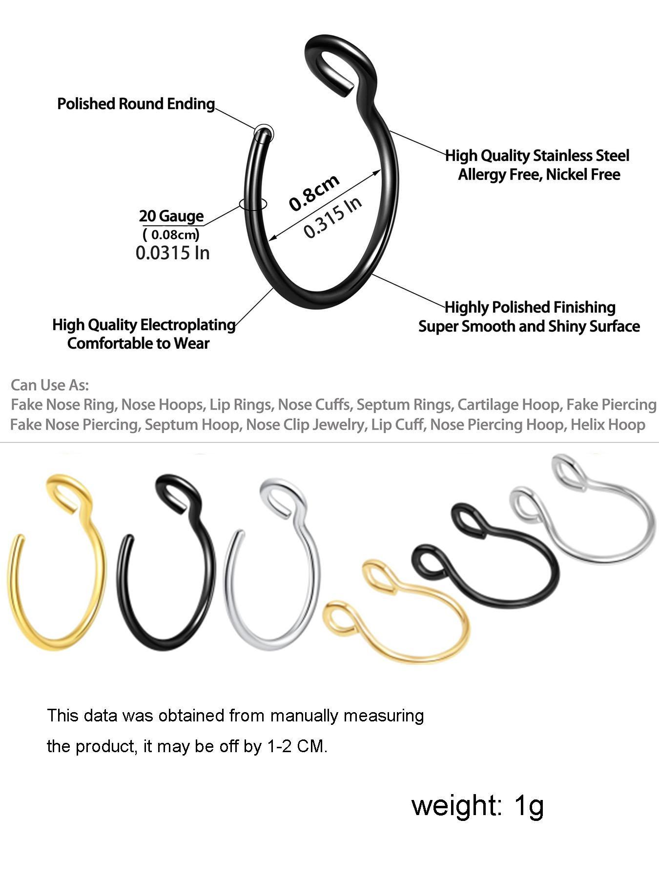 15pcs Stainless Steel Fake Pierced Nose Rings, Nose Cuff for Women and Men, Fashionable Body Jewelry Accessories for Daily Decoration, Nose Piercing Jewelry