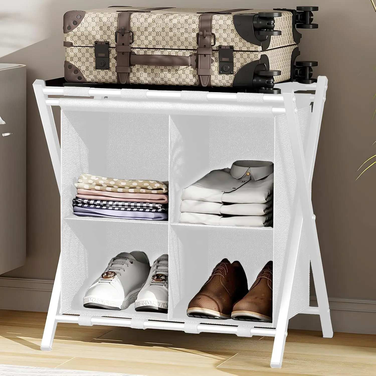 Luggage Rack for Guest Room, Folding Suitcase Stand with Fabric Storage Shelf, Luggage Holder, Steel Foldable Luggage Stand for Guest Room, Bedroom, Hotel, White