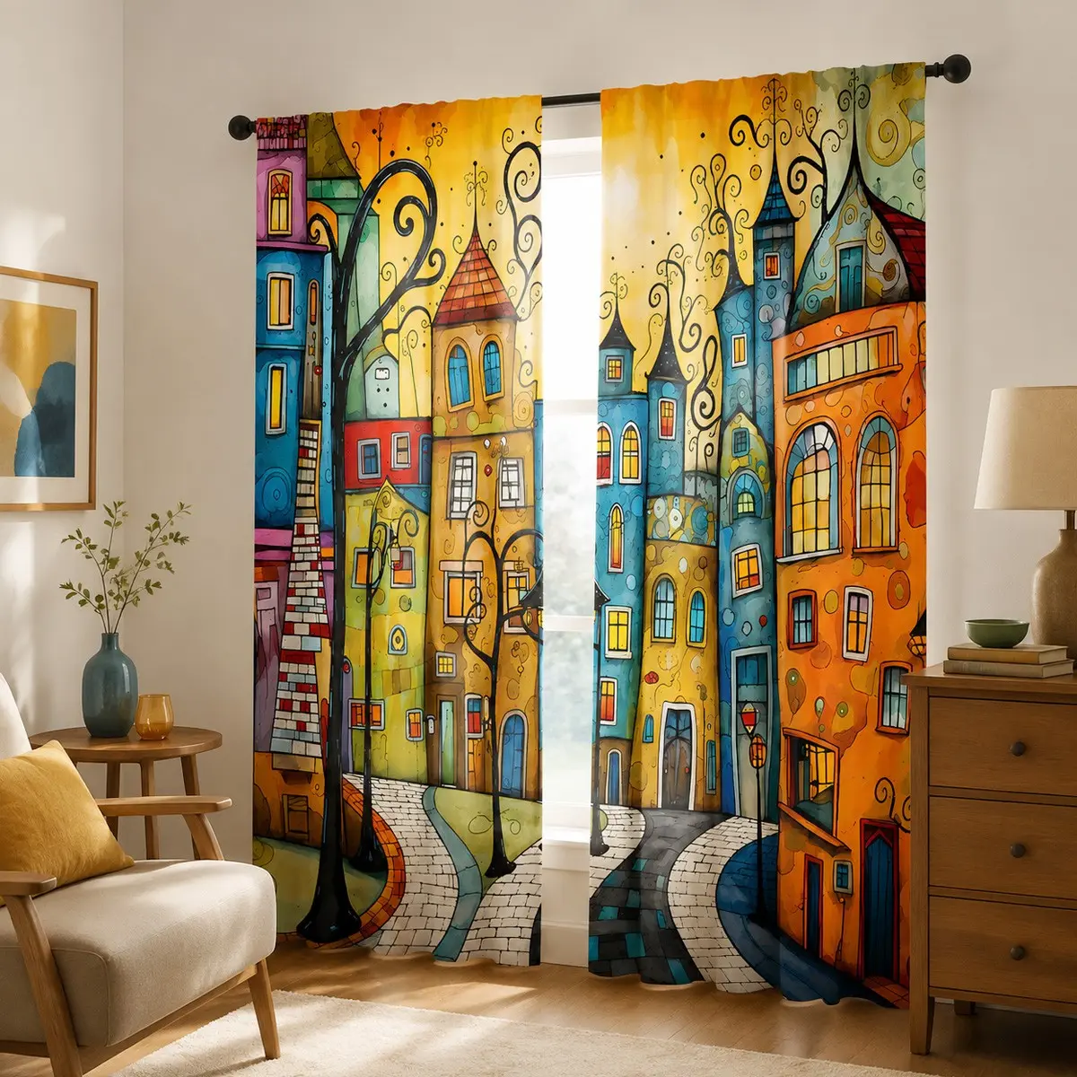 2pcs "Fairy-Tale Town" Print Semi-Blackout Curtains—featuring creative, colorful cartoon house illustrations and a modern, minimalist style. Made of polyester; suitable for living rooms, bedrooms, kitchens, studies, cafés, and more.