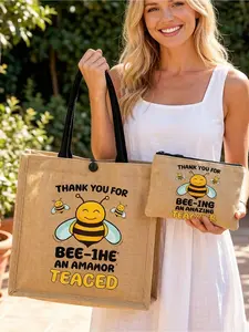 Cartoon Bee Teacher Pattern Linen Tote Bag, Large Capacity Shopping Bag, Coin Wallet Included, Ideal Gift for Teachers, Women's Casual Handbag