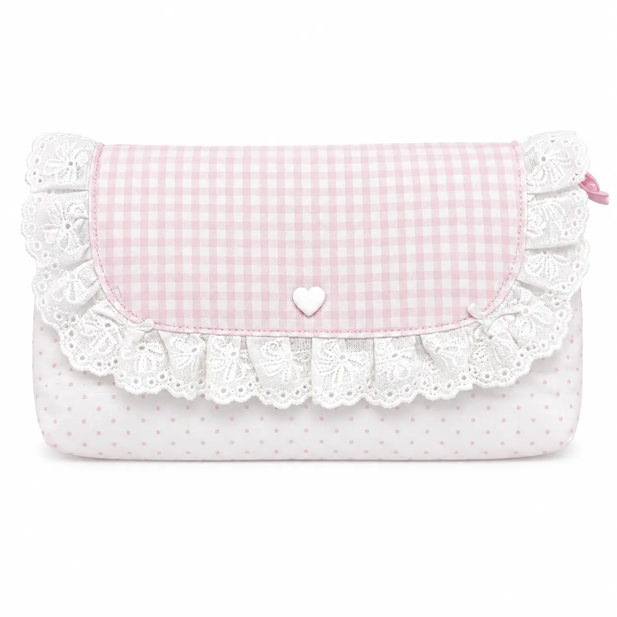 1‑Piece 2026 New Pink Plaid Lace Storage Pouch, soft fabric with delicate lace trim, compact multi‑purpose organizer bag with flip cover. Perfect for storing coins, cards, sticky notes, pens and small items.