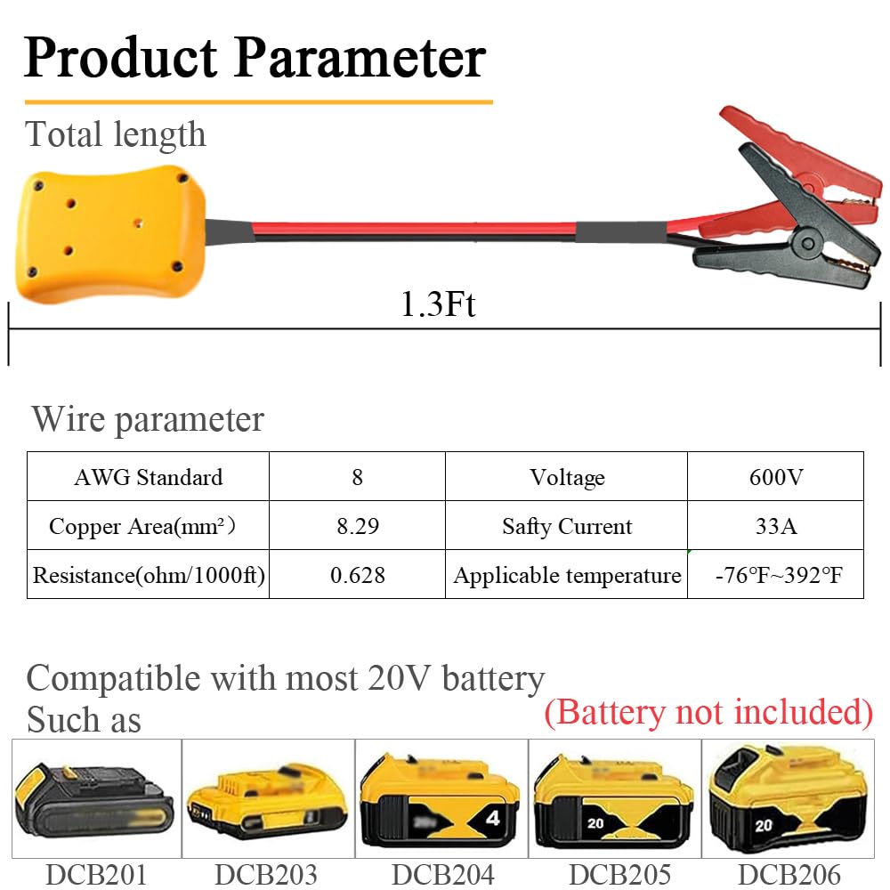 1.3FT 8AWG Jumper Cable Adapter for DeWalt 20V Battery – Portable Booster Cables to Jump Start Your Car with a Tool Battery