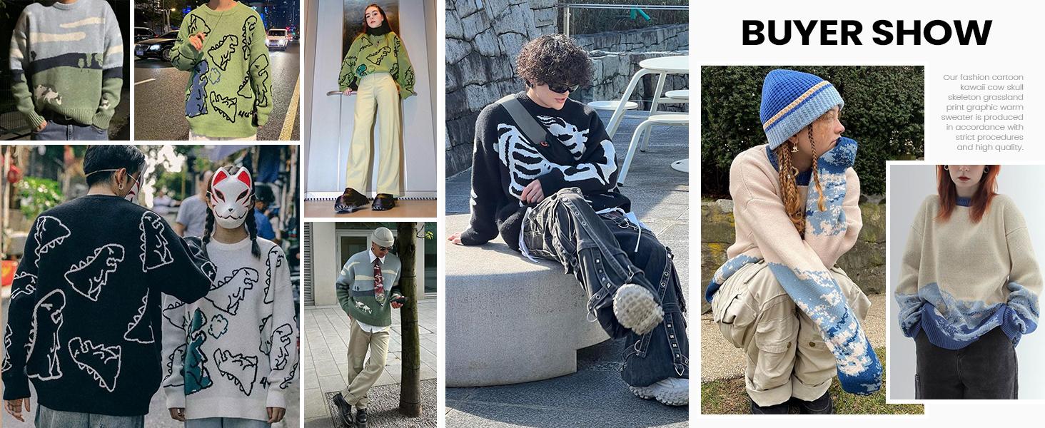 Gihuo Unisex Men Women Oversized Dinosaur Pattern Casual Cable Knit Pullover Soft Cotton Crewneck Sweater Long Sleeve B-Black Knitted Outfit for Spring Fall Winter