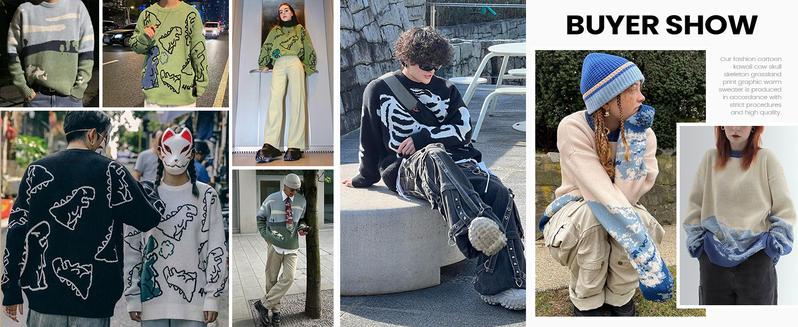 Gihuo Unisex Men Women Oversized Dinosaur Pattern Casual Cable Knit Pullover Soft Cotton Crewneck Sweater Long Sleeve B-Black Knitted Outfit for Spring Fall Winter