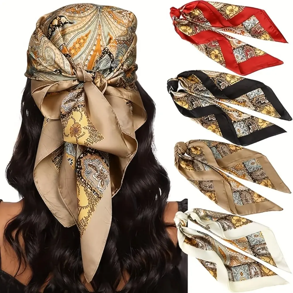 4pcs Large Bohemian Satin Square Head Scarves 27.5" for Women - Soft Elastic Hair Wraps, Bandanas & Sleep Caps, Multi-Use Hair (4pcs) - Hand Washable Luxury Hair Cover for Braids, Ponytails, Buns