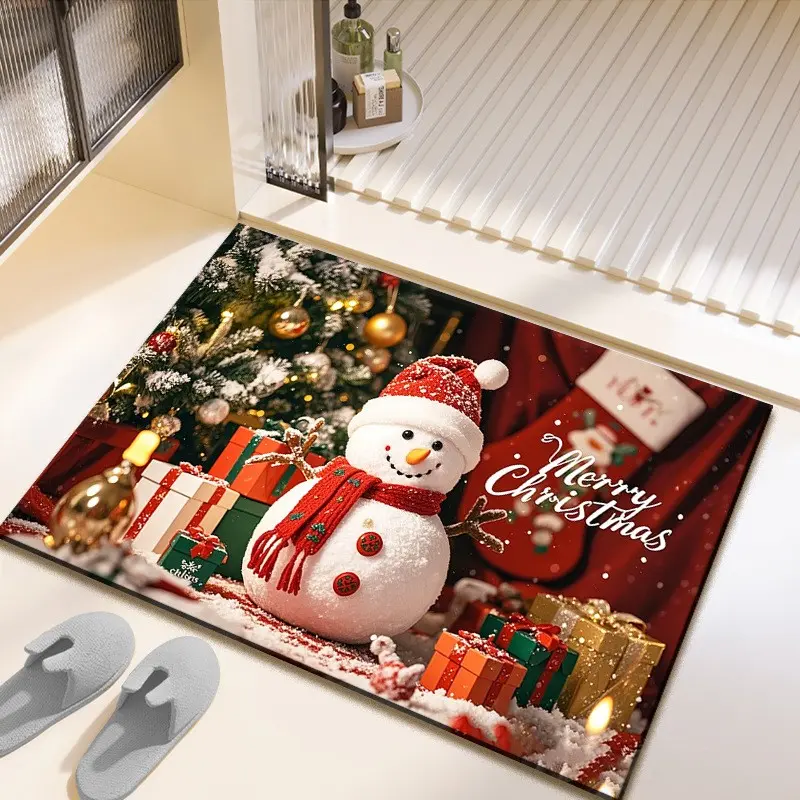 New Christmas Bathroom Door Mat, Diatomaceous Earth Absorbent Non-Slip Rug, Cartoon Foot Pad, Waterproof Floor Protector