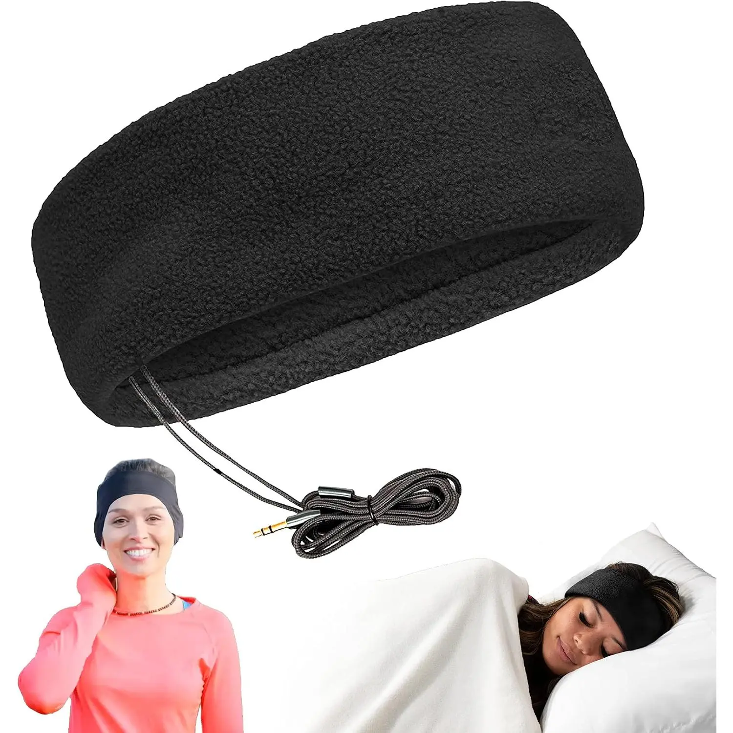 Fleece Sleep Headphones - Wired Over Ear Headphones from Ultra Thin Earphones for Side Sleepers, Meditation, Running, Laptop, and Phone - Black