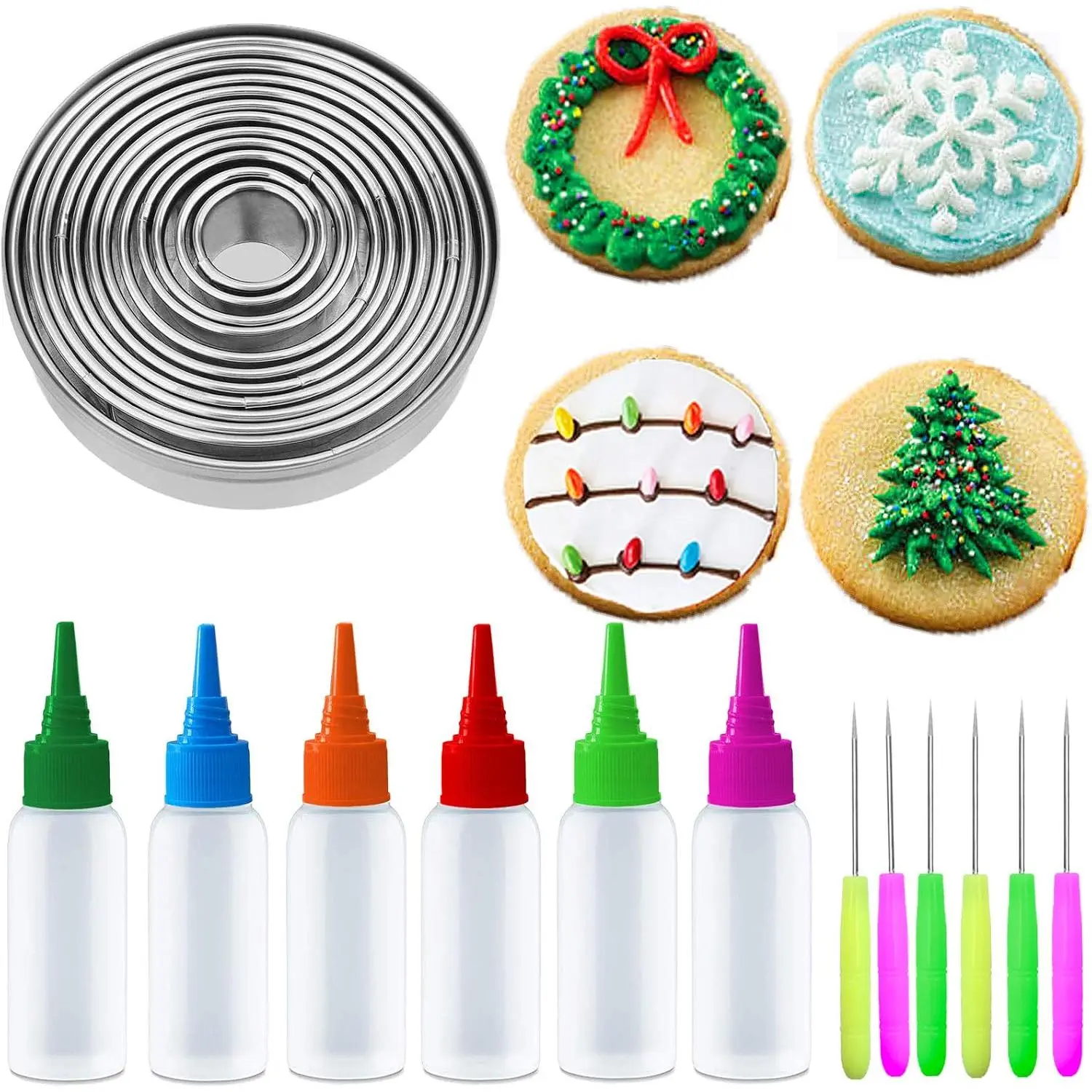 Christmas Series Cookie Decorating Tool Set, 11 count Circle Cookie Cutters, 6 count Easy Squeeze Write Bottles and 6 count Sugar Stir  for DIY Decorating Cookies and Cakes