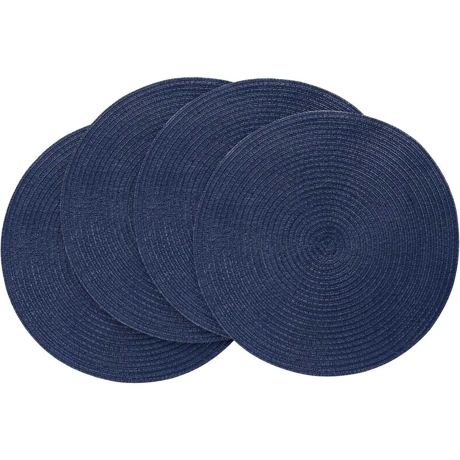 15 Inch Round Braided Placemats Set of 4, Washable Heat Resistant Cotton Polyester Circle Place Mats for Kitchen Dining Table - Navy Blue