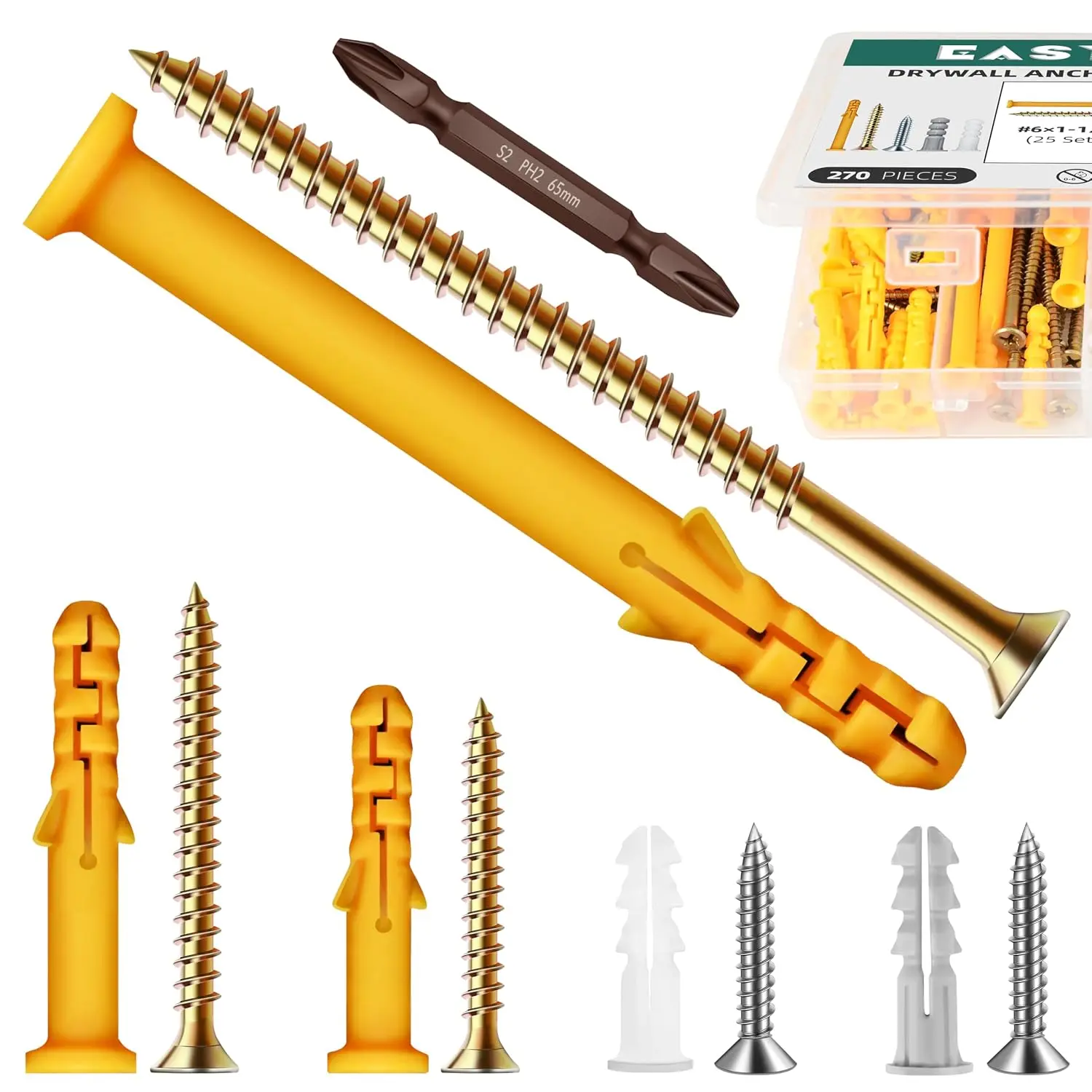 Drywall Anchors and Screws  Kit, 270 count 135x Plastic Dry Wall Anchors and 135x  Flat  Zinc Plated  Screws, 5 Sizes Wall  Kit