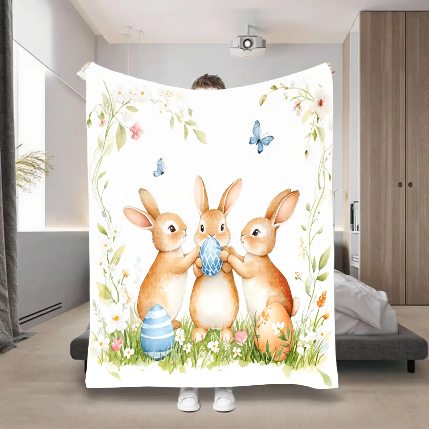 Easter Bunny & Egg Pattern Polyester Blanket - Breathable, Warm, Comfortable, Machine Washable - All Seasons Bedding for Bedroom, Sofa - Kids' Versatile Nap Shawl, Travel Cover