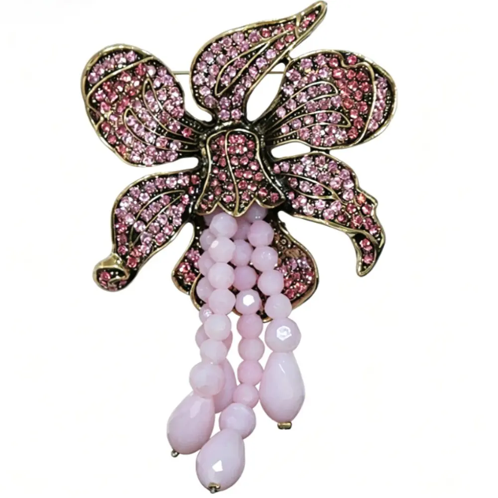 Vintage Pink Crystal Orchid Brooch Antique Bronze Frame Pink Bead Tassel Unisex Evening Dress Pin Accessory