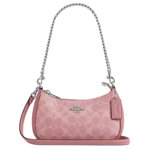 COACH Teri 19 Mini Crossbody Bag for Women – Classic Monogram Coated Canvas with Silver-Tone Hardware, Pink