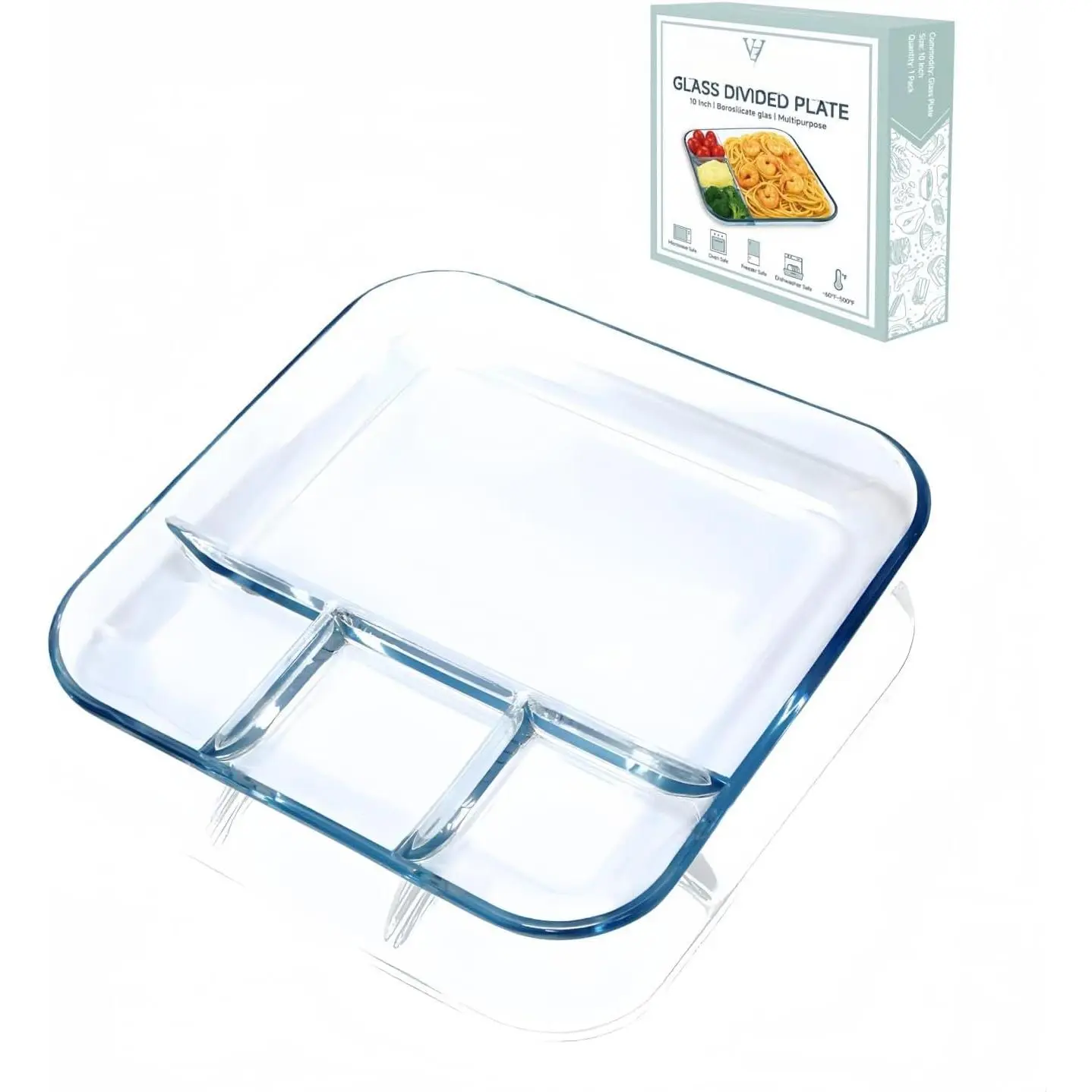 10 Inch Glass Divided Plates for Adults, 4 Compartment Sectioned Dinner Plate, Glass Portion Control Plate 1 Pack, Microwave & Dishwasher Safe,  Meal Serving Tray,  Box Included