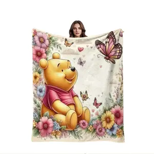 Butterfly Floral Winnie-The-Pooh Blanket, Creative Digital Print Flannel Throw, Thanksgiving Valentine Christmas Gift, Holiday Decorative Blanket