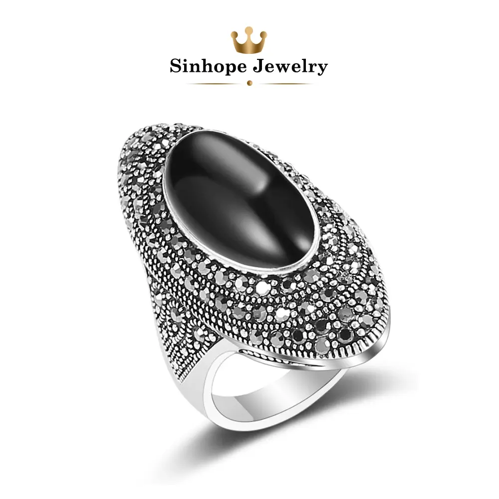 Black Stone Ring for Women Men, Vintage Gothic Statement Ring, Large Oval Black Onyx Style Ring, Retro Boho Jewelry, Antique Silver Plated Cocktail Ring, Bold Fashion Jewelry, Minimalist Chunky Ring Gift for Birthday Anniversary