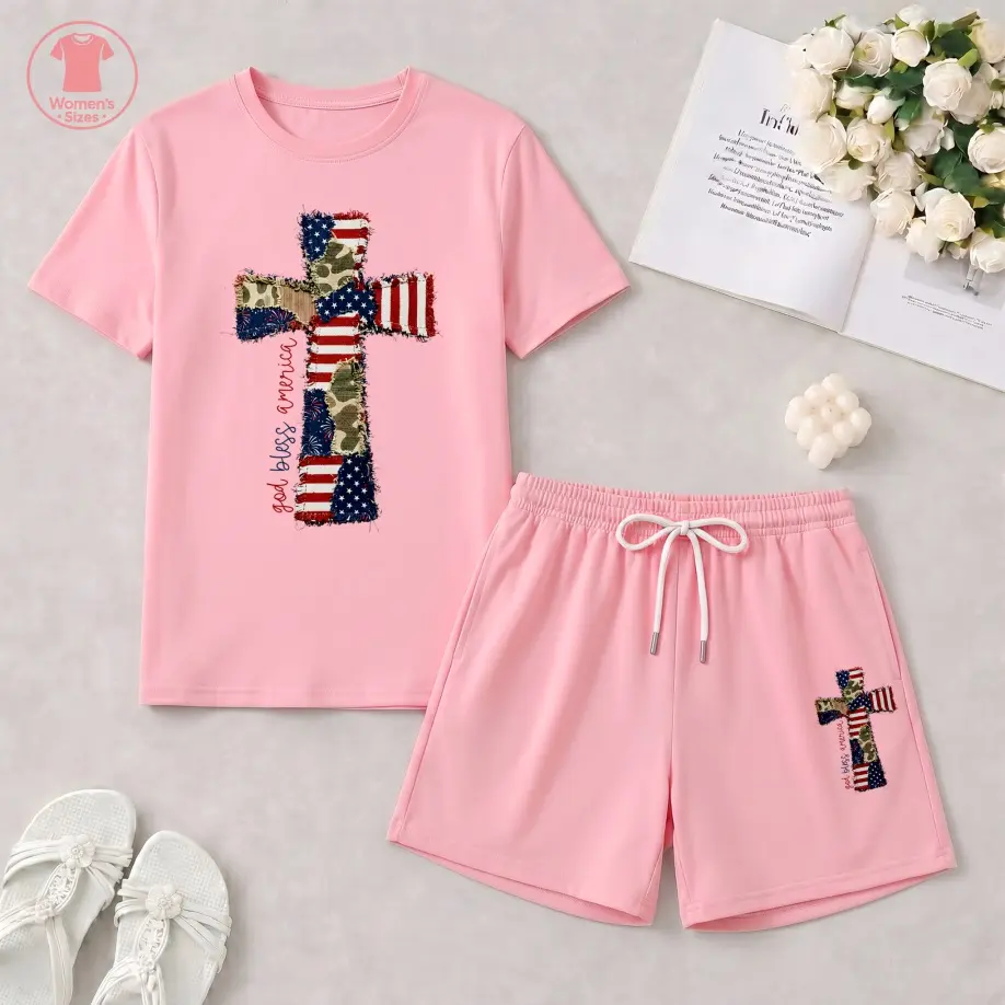 Women's Patchwork Cross Graphic Short Sleeve T-Shirt And Shorts Set, Casual Summer Two-Piece Outfit With Crew Neck Top And Drawstring Waist Shorts For Daily Wear